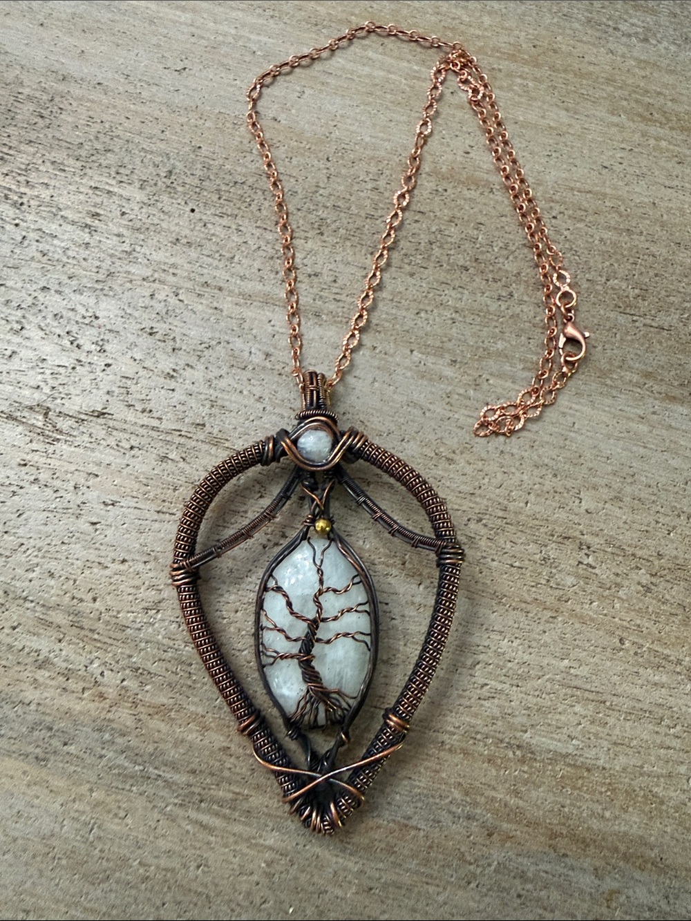 Handmade Copper Tree of Life Pendant Necklace in Rose Copper and Moonstone
